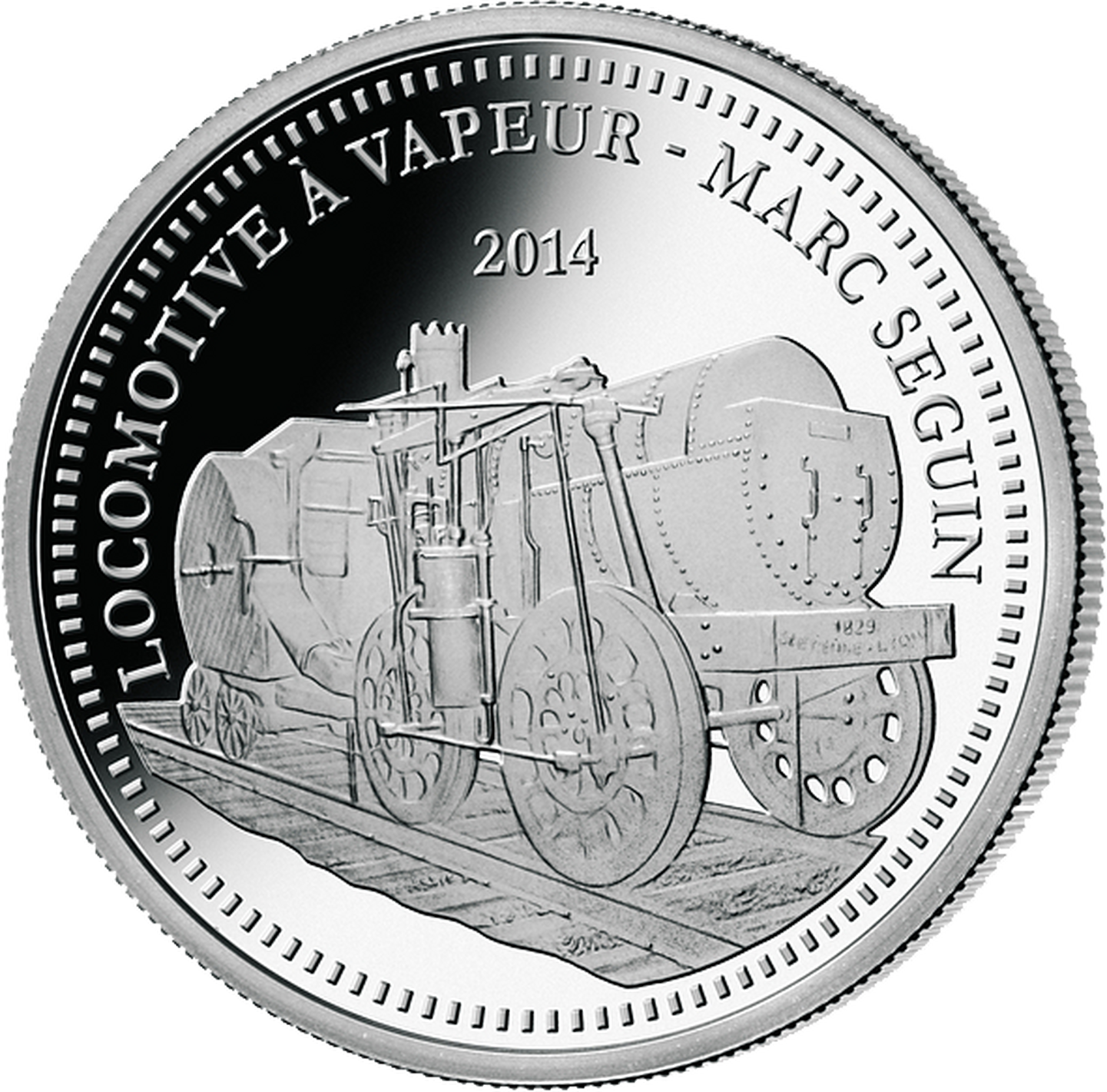 Silber-Münze mit der Lokomotive von Marc Seguin