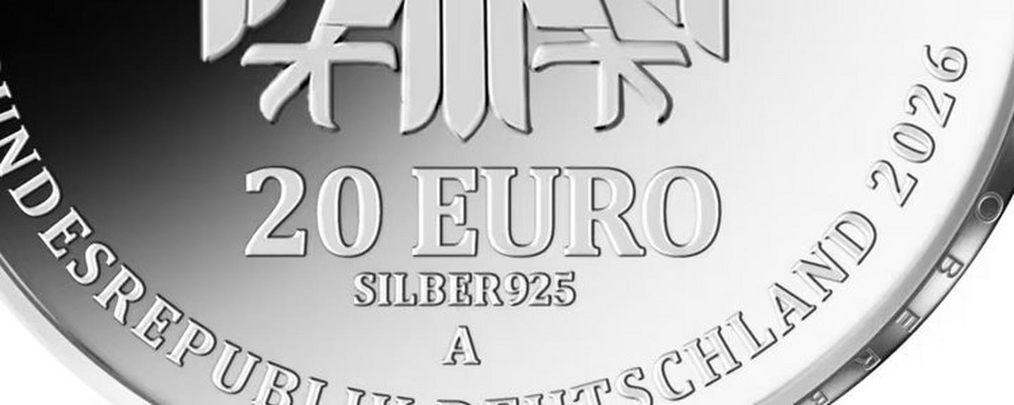 Detail einer deutschen 20-Euro-Silbermünze 2026 mit Prägung Silber 925