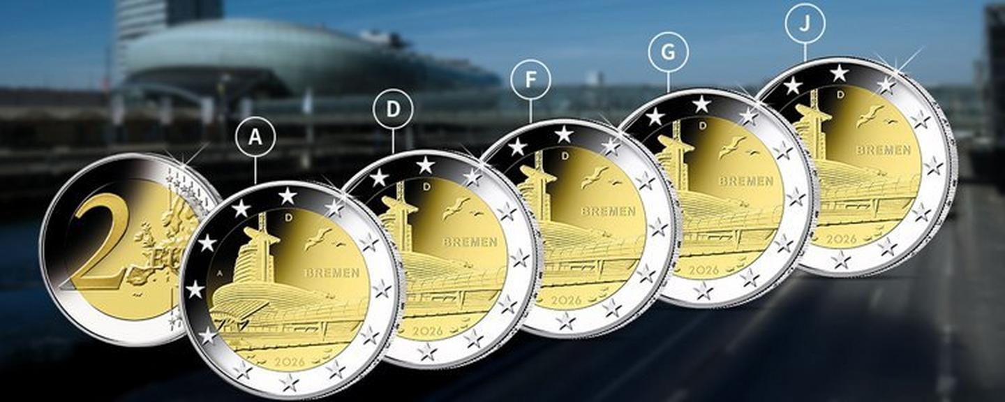 2-Euro-Gedenkmünzen Bremen 2026 in bankfrischer Sammlerqualität, komplett mit allen deutschen Prägestätten.