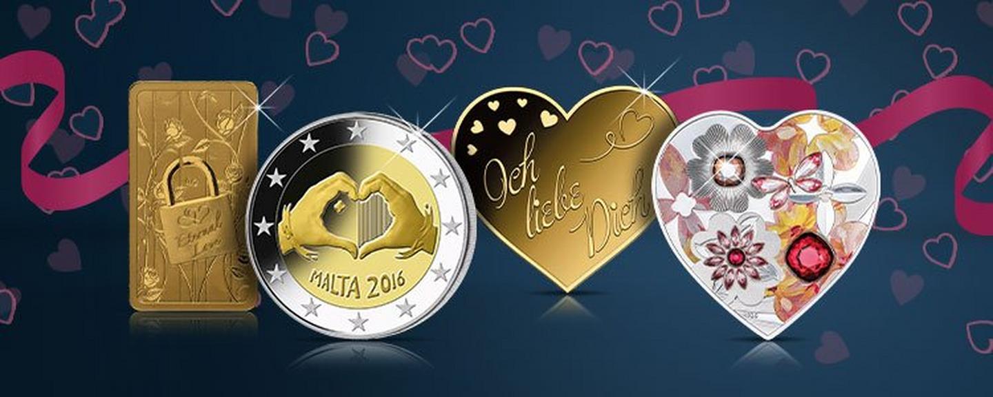 Valentinstag Highlights mit Valentinstag-Goldbarren, der 2-Euro-Münze Malta und Herzprägungen