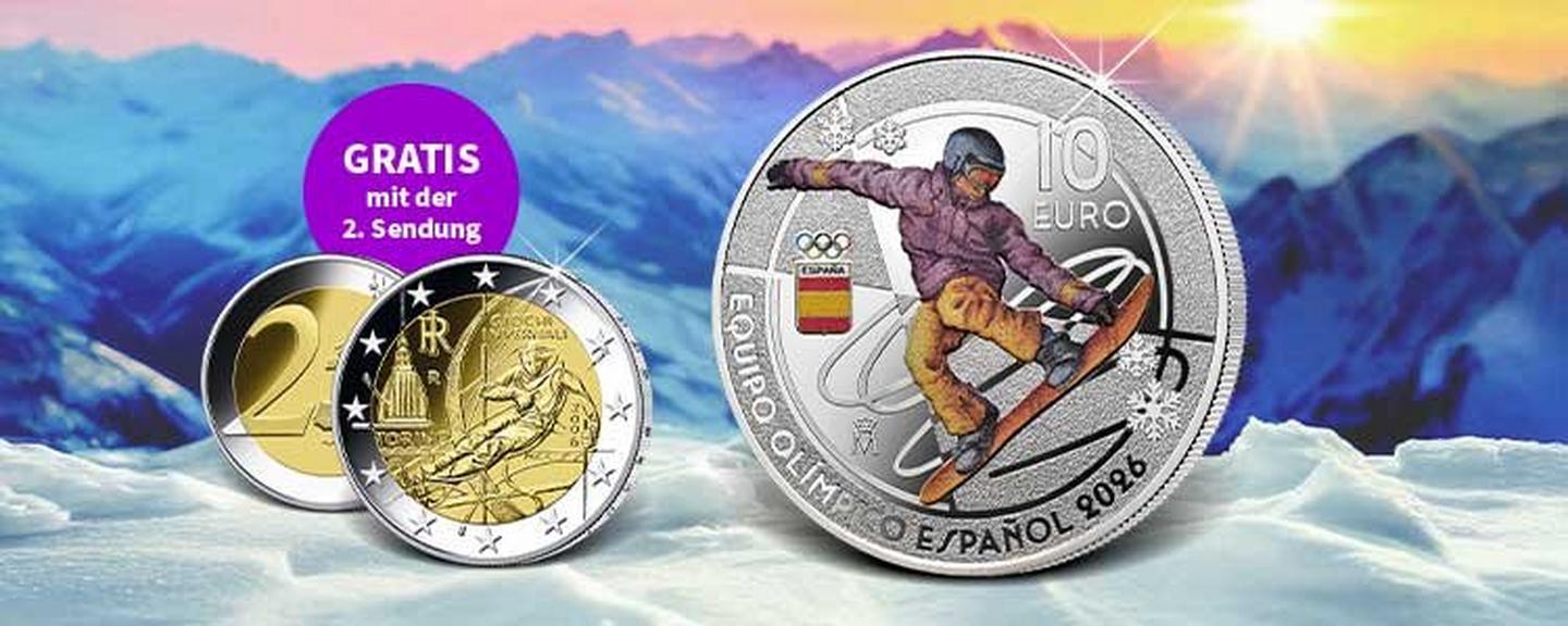 Silbermünze Olympische Winterspiele 2026 mit Snowboarder-Motiv, inklusive Gratis-2-Euro-Gedenkmünze