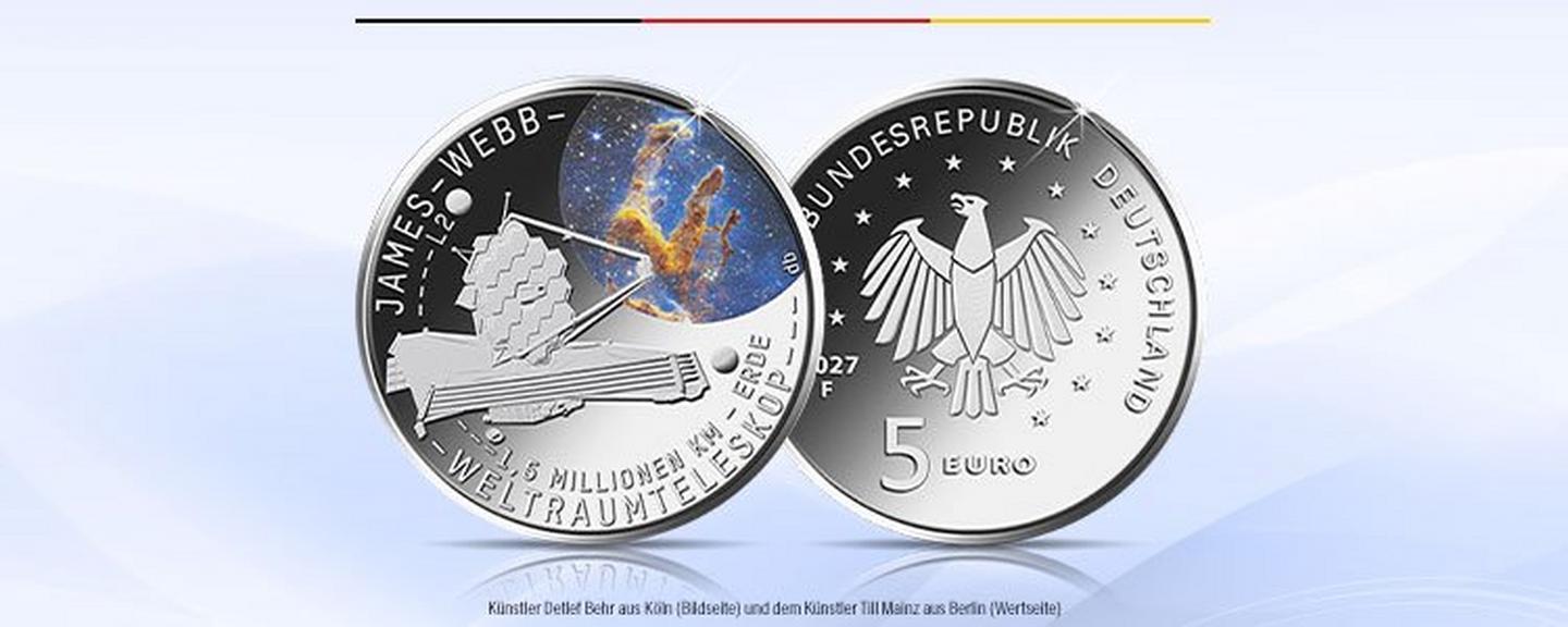 Neuigkeiten zum Ausgabeprogramm 2027: Offizielle 5-Euro-Münze „James-Webb-Weltraumteleskop“ der Bundesrepublik Deutschland.