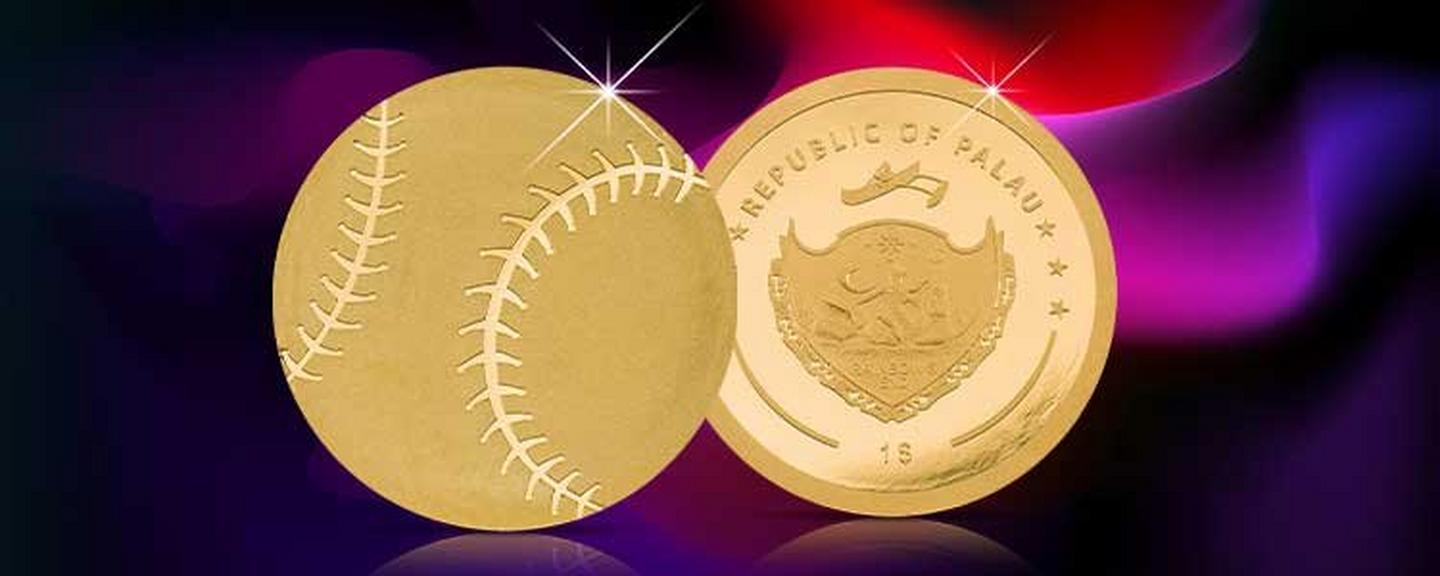 Goldmünze im Baseball-Design mit Nahtmotiv und Wappen der Republik Palau als Sammlerstück
