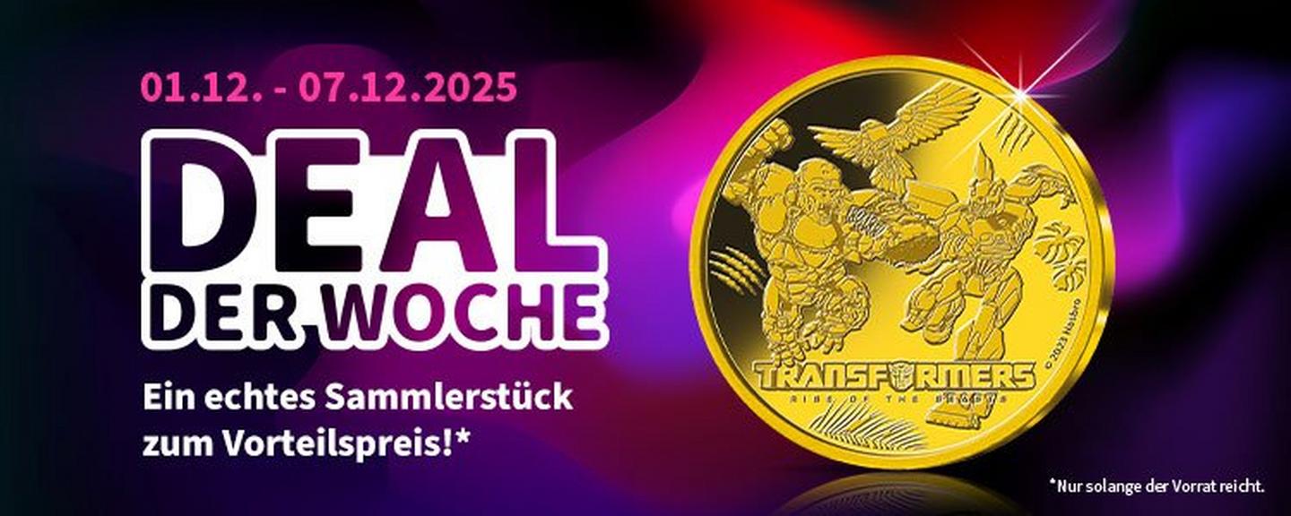 Goldfarbene Transformers-Gedenkmünze zum Deal der Woche vom 1.–7.12.2025 vor buntem Hintergrund