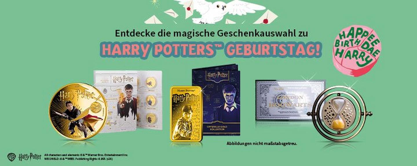 Geschenkideen zum Harry-Potter-Geburtstag mit Sammlermünzen, Goldbarren und offiziell lizenzierten Fanartikeln.