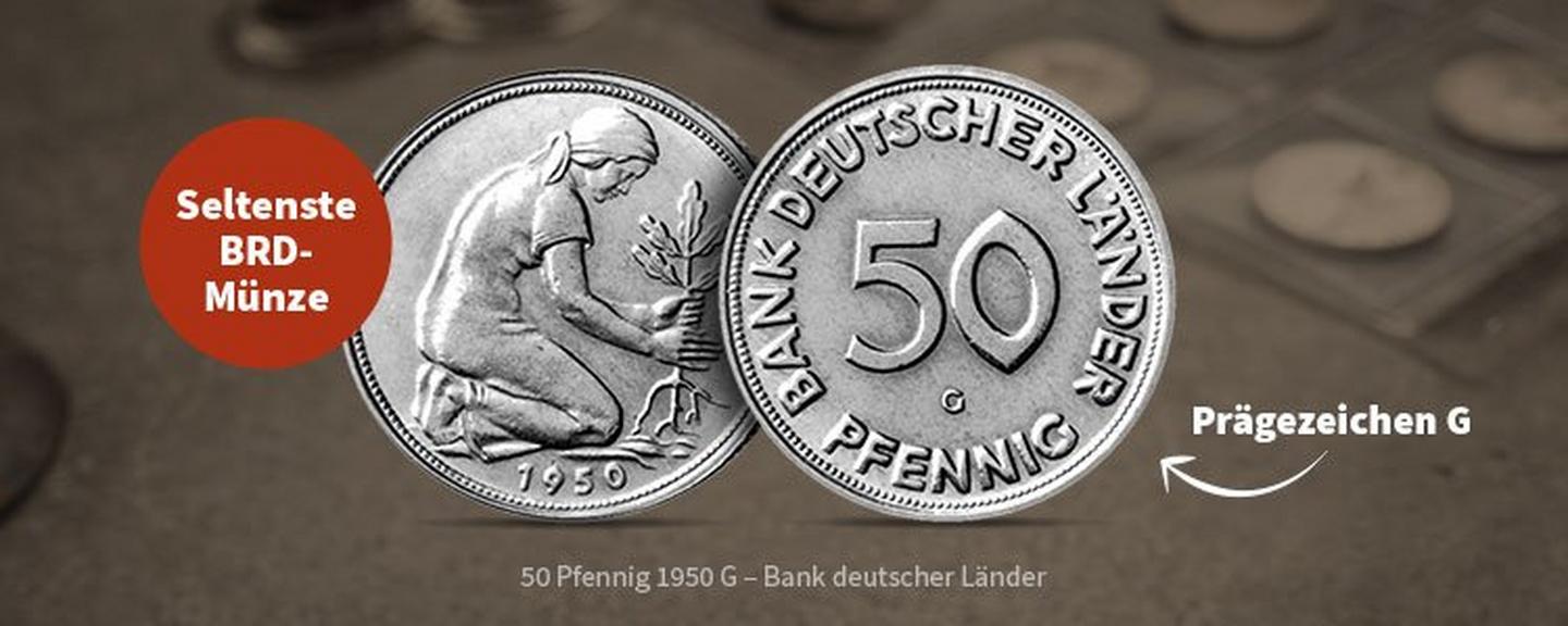 Seltene 50-Pfennig-Münze von 1950 mit Prägebuchstabe G, Vorder- und Rückseite groß dargestellt auf neutralem Hintergrund.