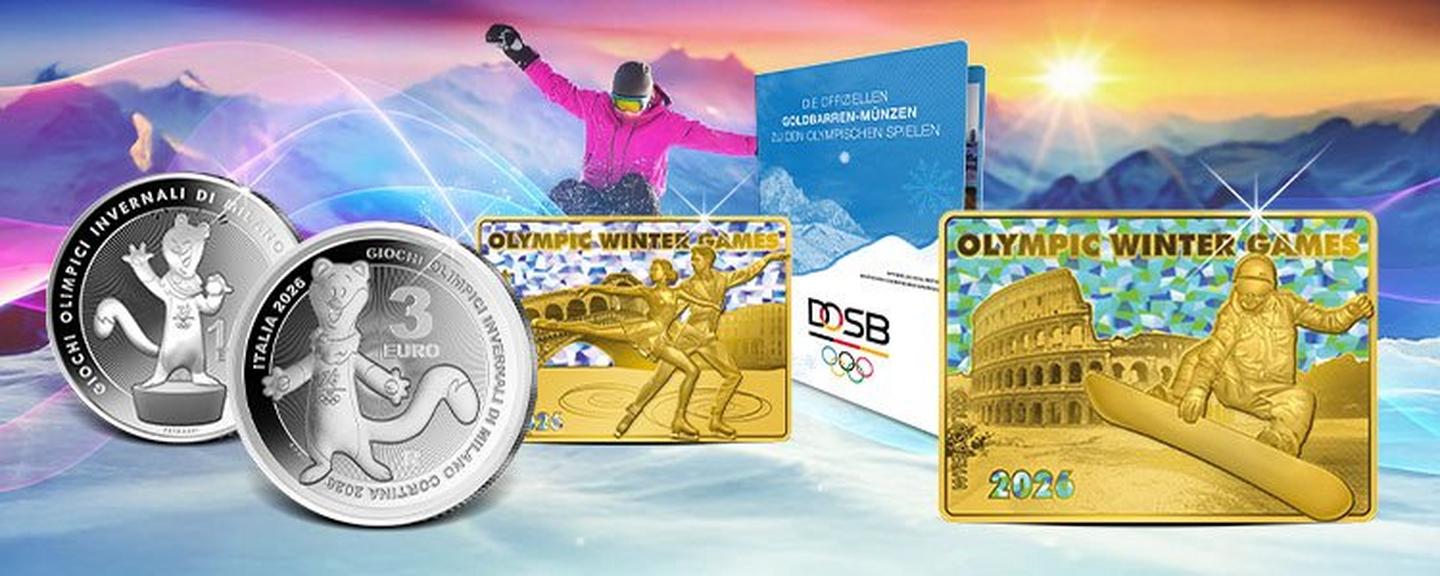 Goldbarren-Münzen zu den Olympischen Winterspielen 2026 mit Hologramm-Motiven und offizieller DOSB-Sammelmappe