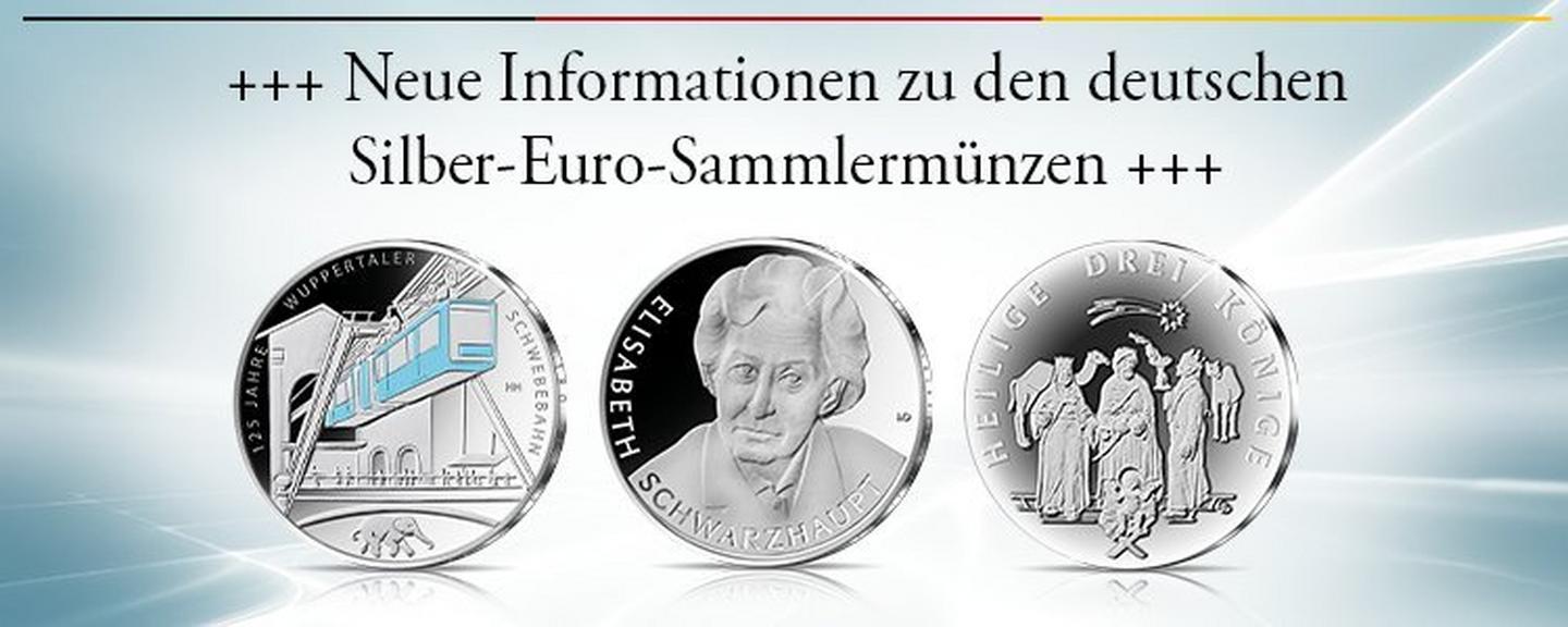 Deutsche Euro-Sammlermünzen aus Silber mit neuen technischen Spezifikationen, gezeigt an drei aktuellen Motiven.
