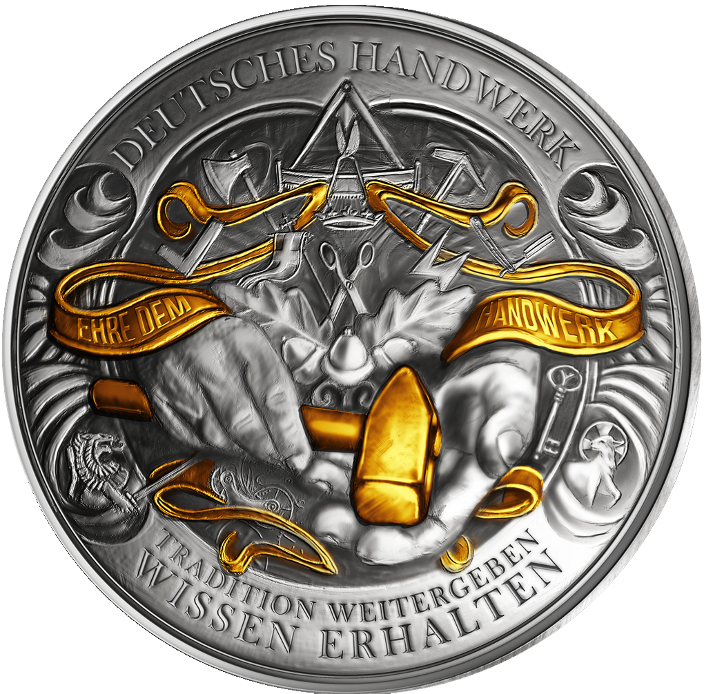 Das Handwerk hat goldenen Boden: Die 3-Unzen-Feinsilber-Prägung mit Teilvergoldung zu Ehren des deutschen Handwerks!