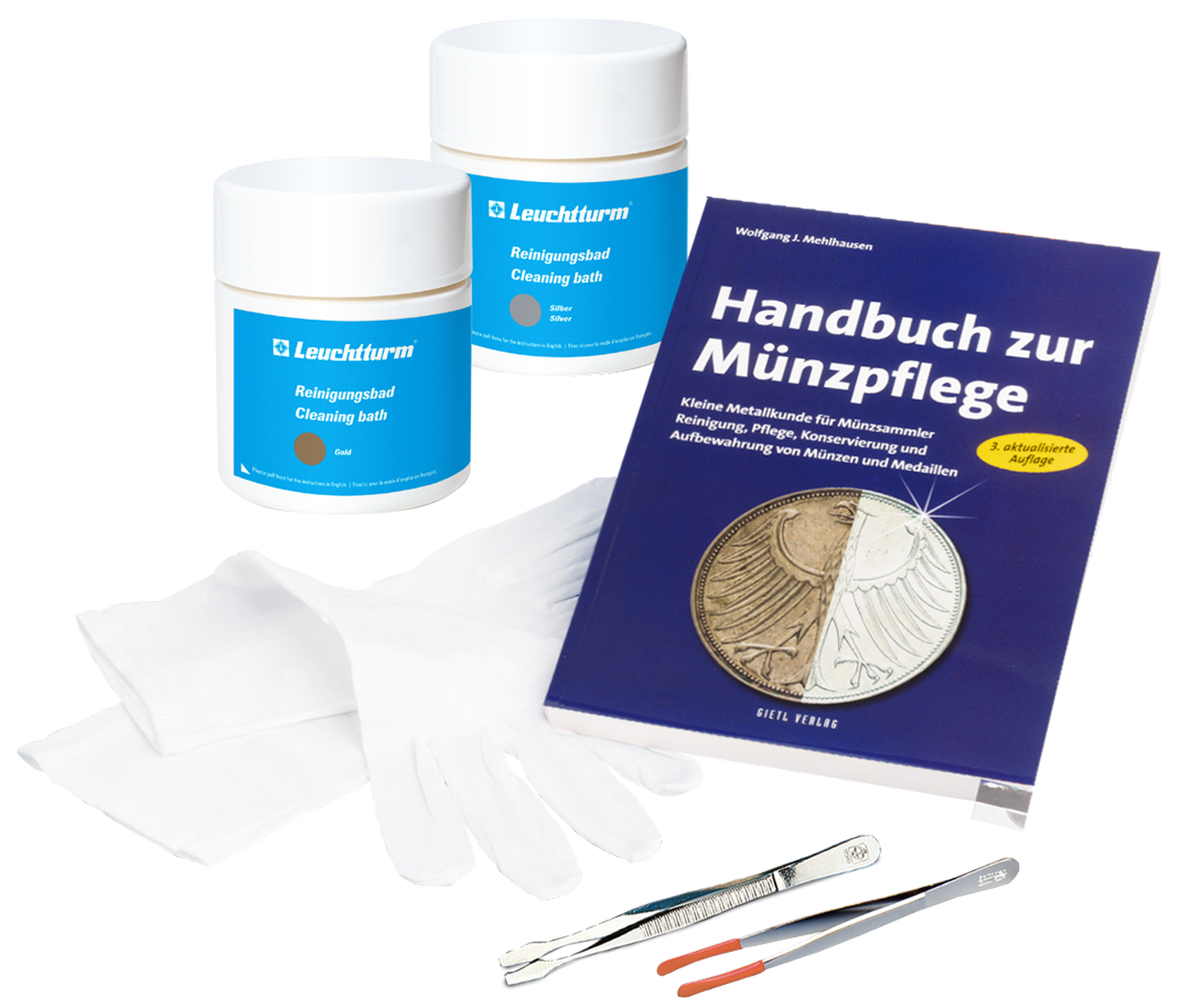 Zubehör für die Münzen Reinigung - Tauchbäder, Pinzetten, Baumwollhandschuhe und Handbuch