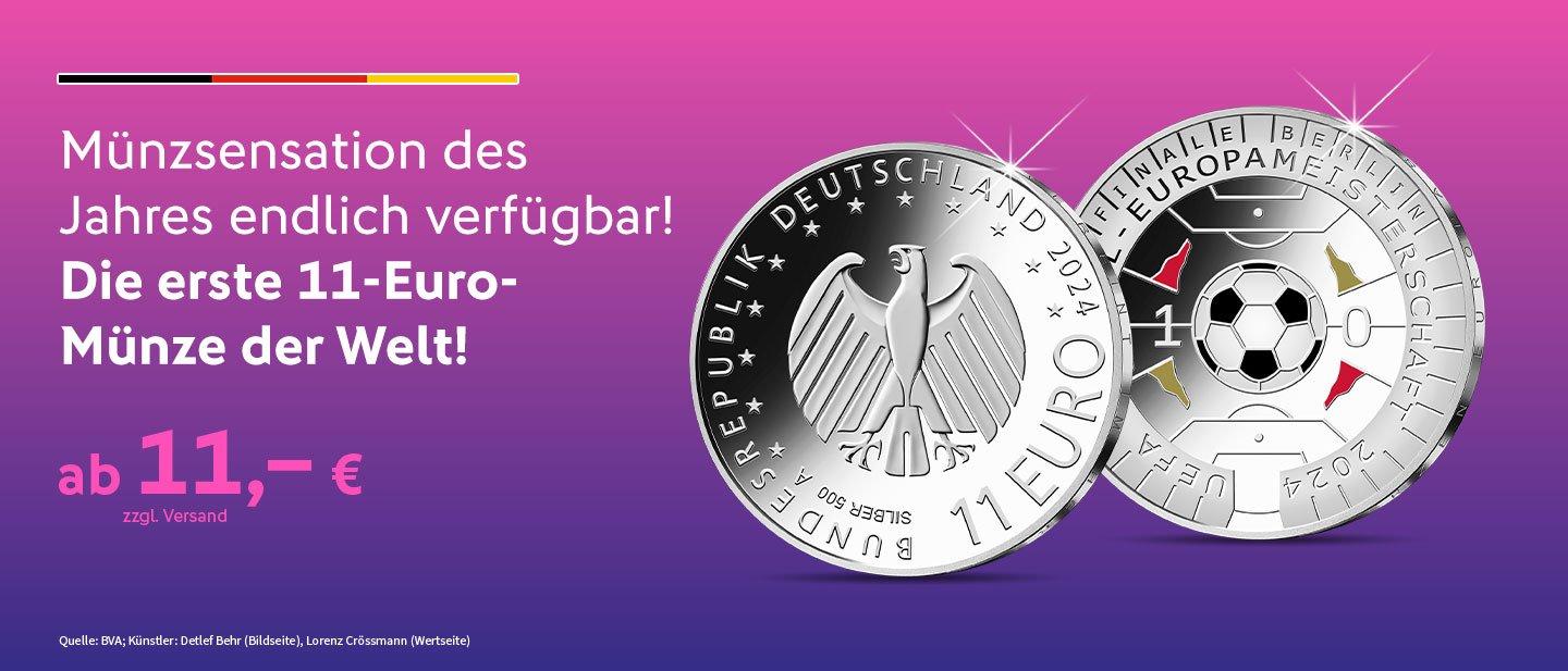 Die Münzsensation 2024 - Deutschlands erste 11-Euro-Gedenkmünze zur UEFA EURO 2024™ aus edlem Silber