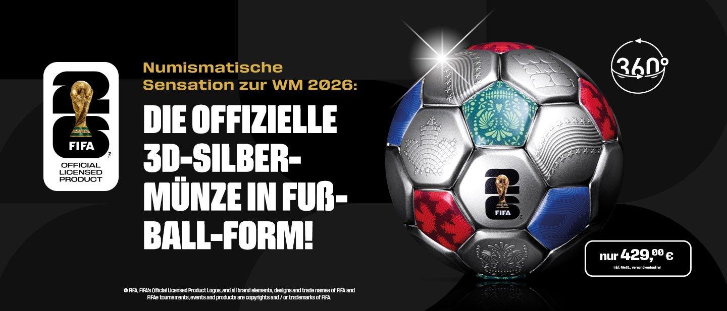 360°-Silbermünze in Fußball-Form zur WM 2026