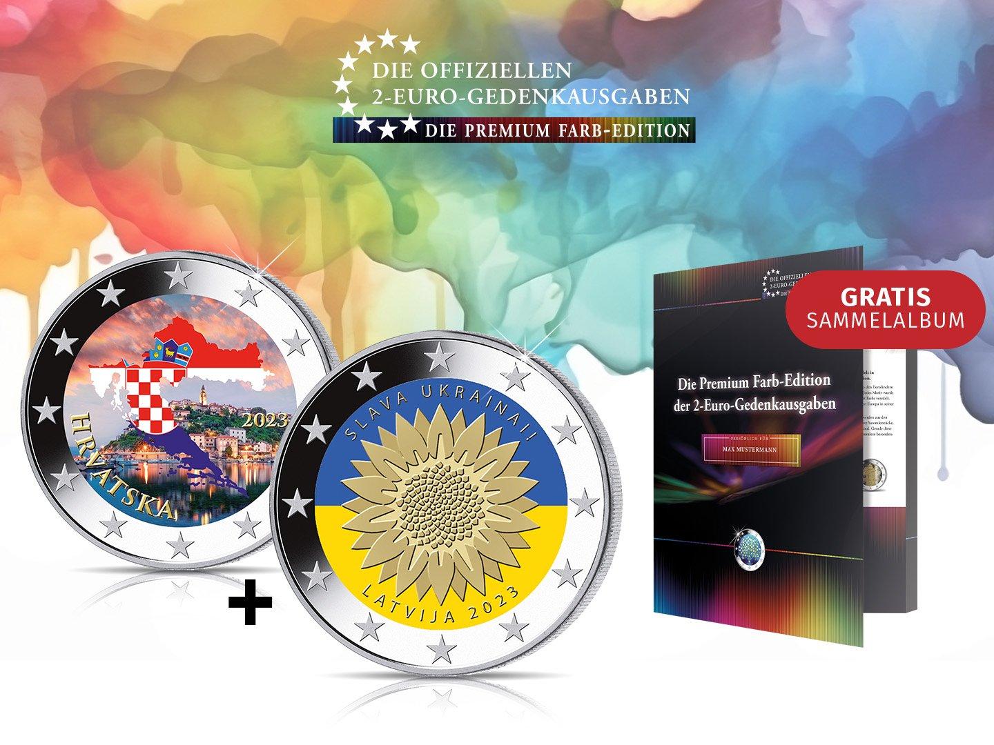 Premium Farb-Edition der 2-Euro-Gedenkmünzen Kroatien und Lettland
