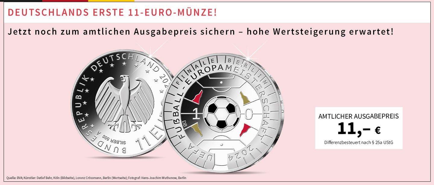 Die Münzsensation 2024 - Deutschlands erste 11-Euro-Gedenkmünze zur UEFA EURO 2024™ aus edlem Silber