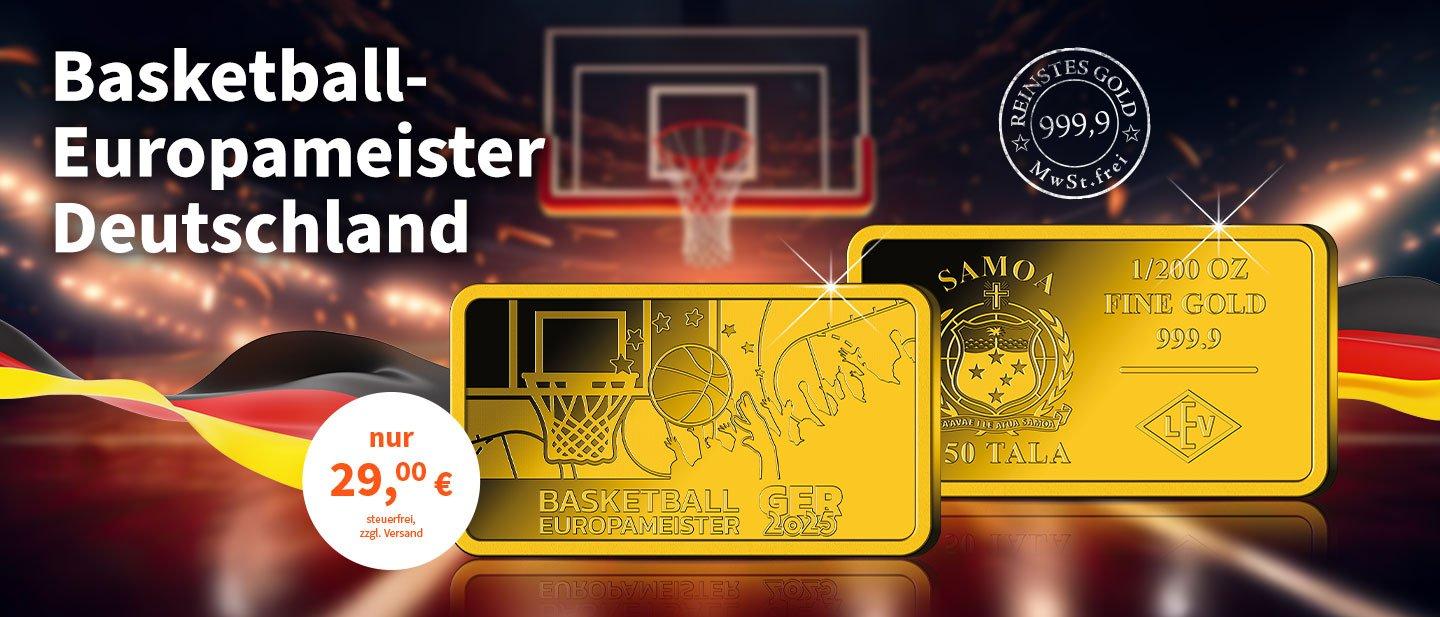 Goldbarren-Münze „Basketball-Europameister 2025: Deutschland“!
