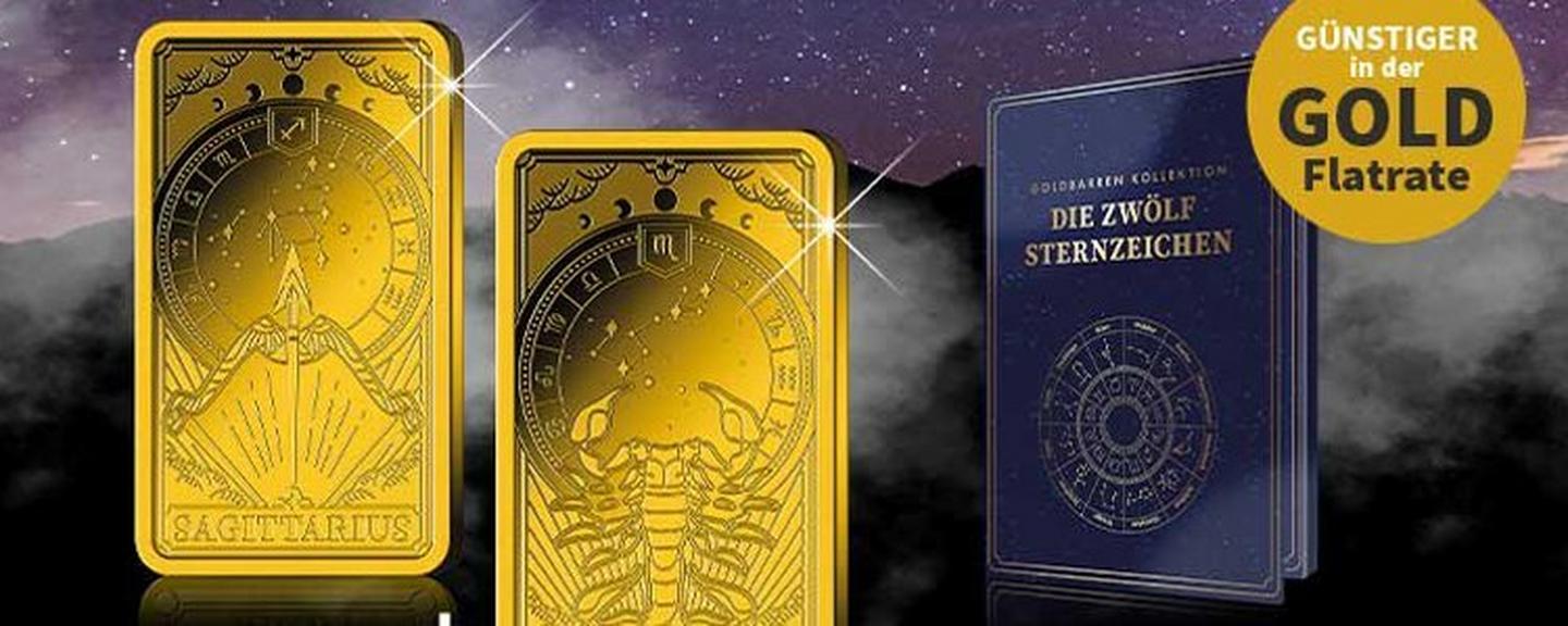Goldbarren-Kollektion der zwölf Sternzeichen mit Motivbarren für Schütze und Skorpion – günstiger in der Gold-Flatrate.