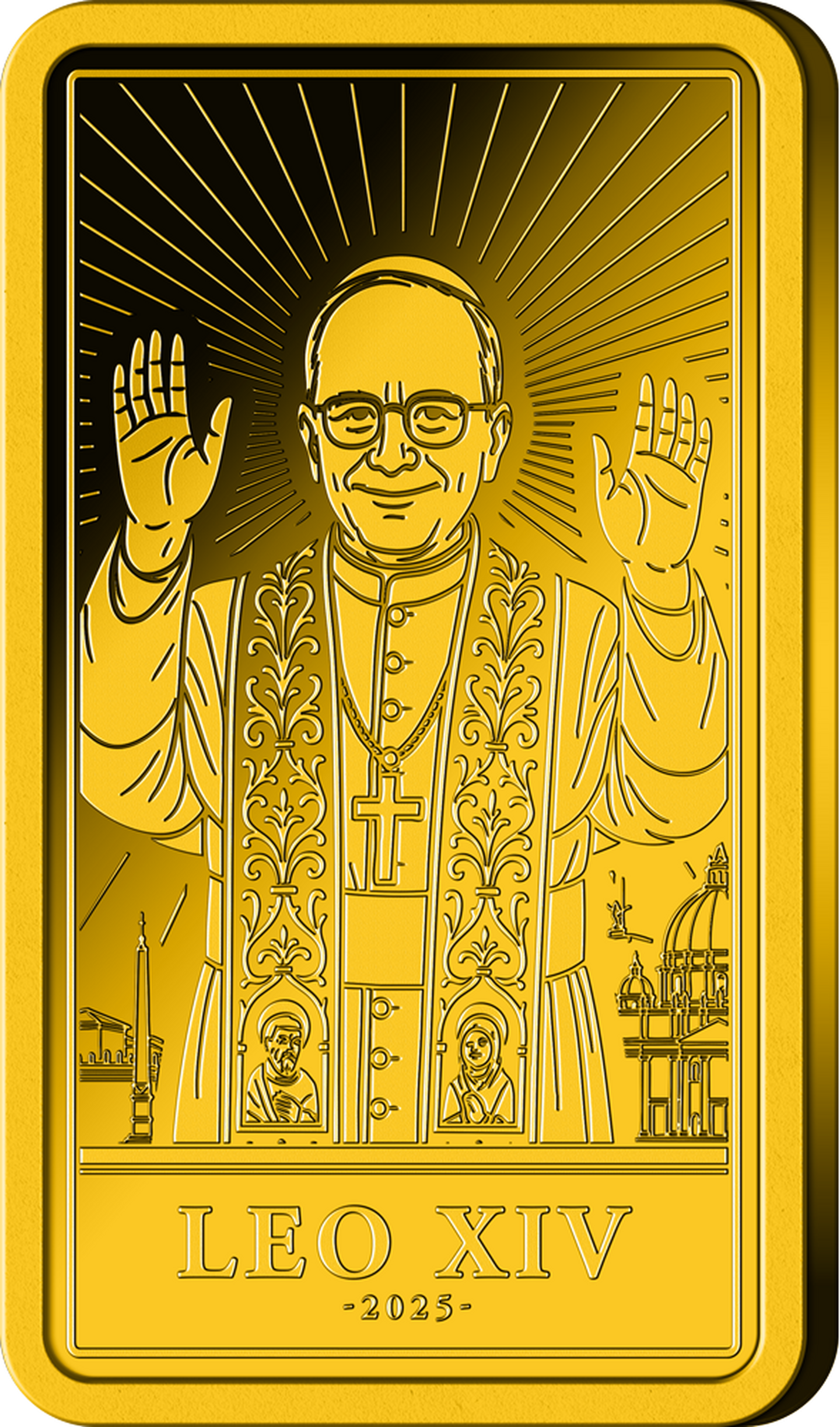 Die Vorderseite des Gedenkbarren "Papst Leo XIV."