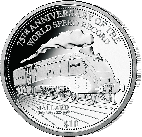 Silber-Münze mit der Dampflokomotive 