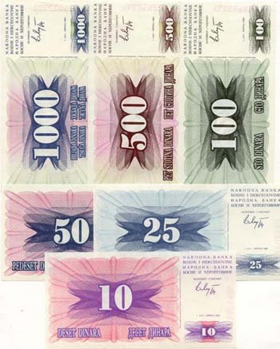6er-Satz Bosnien Dinara-Banknoten