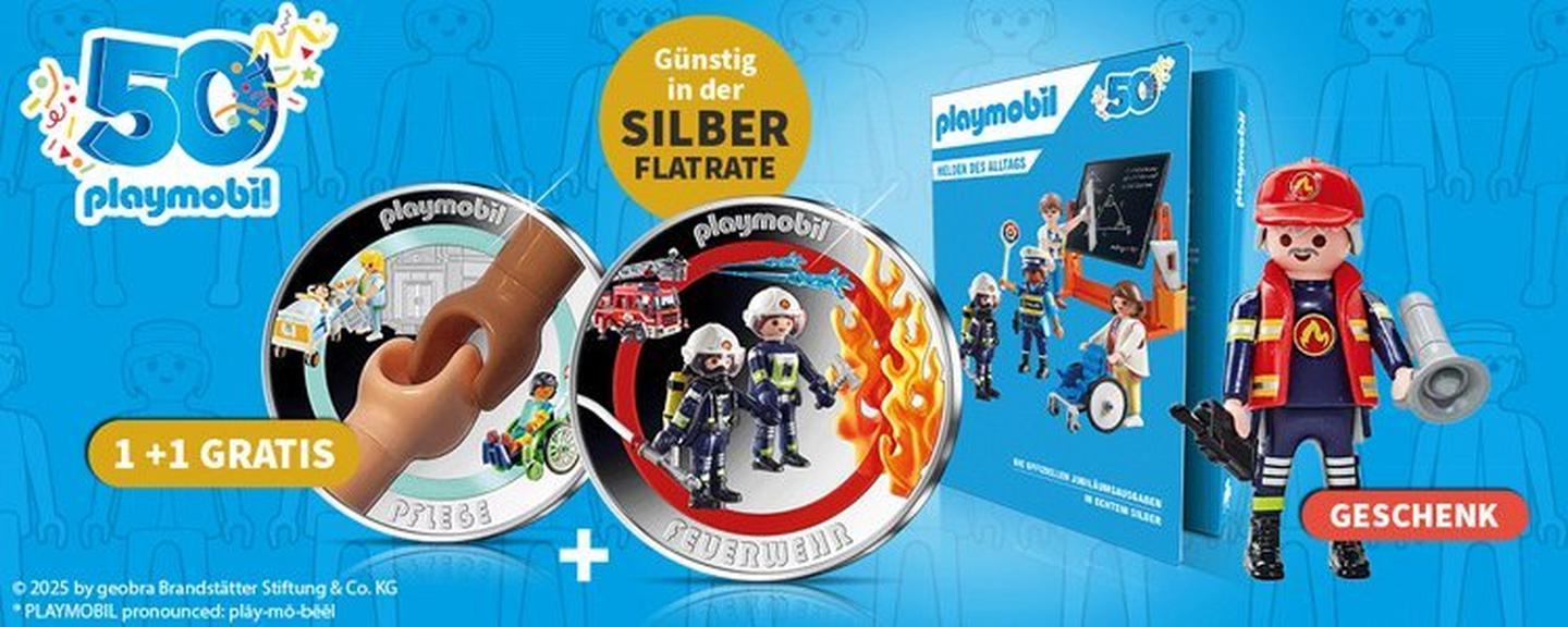 50 Jahre Playmobil: Silbermünzen Pflege und Feuerwehr mit Gratisfigur – günstig in der Silber-Flatrate erhältlich