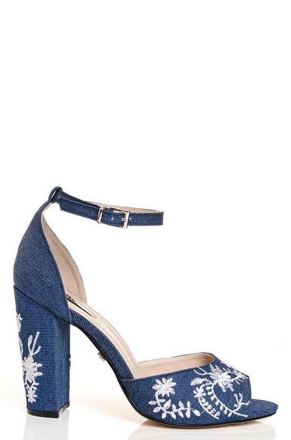 Denim Embroidered Block Heel Sandals - Quiz Clothing