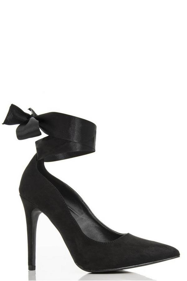 Black Ribbon Tie Up Faux Suede Court Shoes - Quiz Clothing
