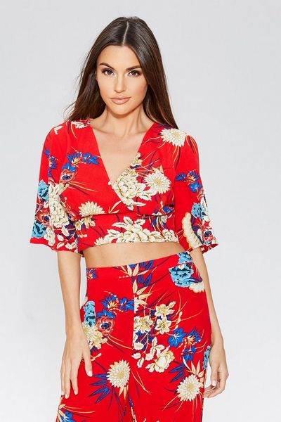 Red Floral Print Flute Sleeve Top