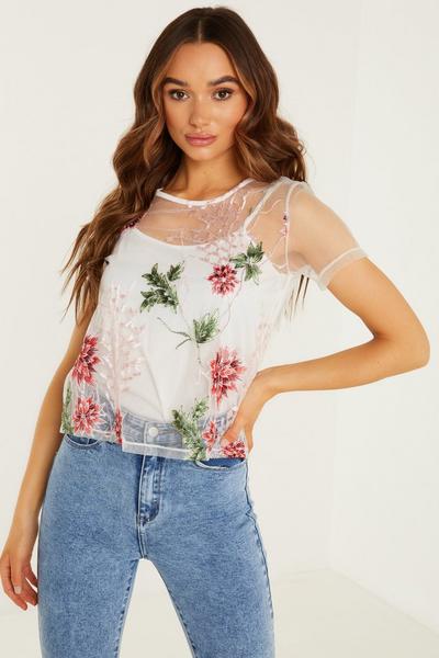 White/Pink/Green Mesh Embroided Front Short Sleeve Vest Top