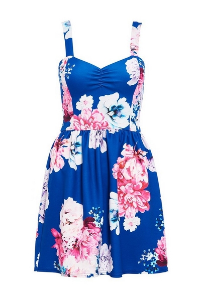 Blue Floral Print Skater Dress