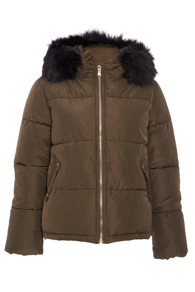 Khaki Faux Fur Hood Puffer Jacket - Quiz Clothing