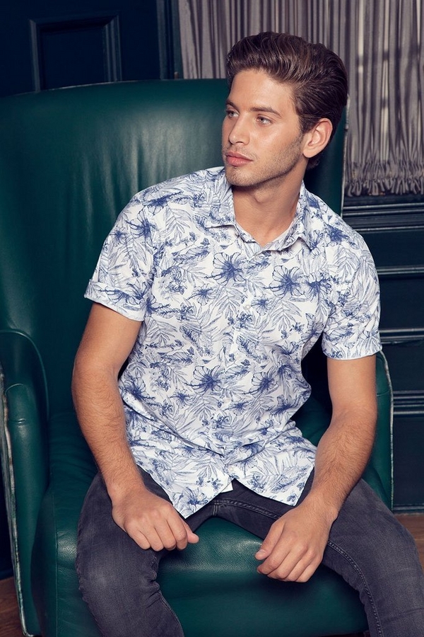 Navy And White Short Sleeve Floral Shirt