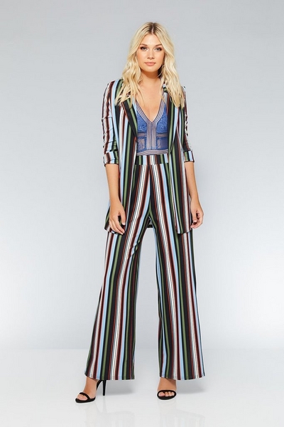 Black Green And Blue Stripe Palazzo Trousers