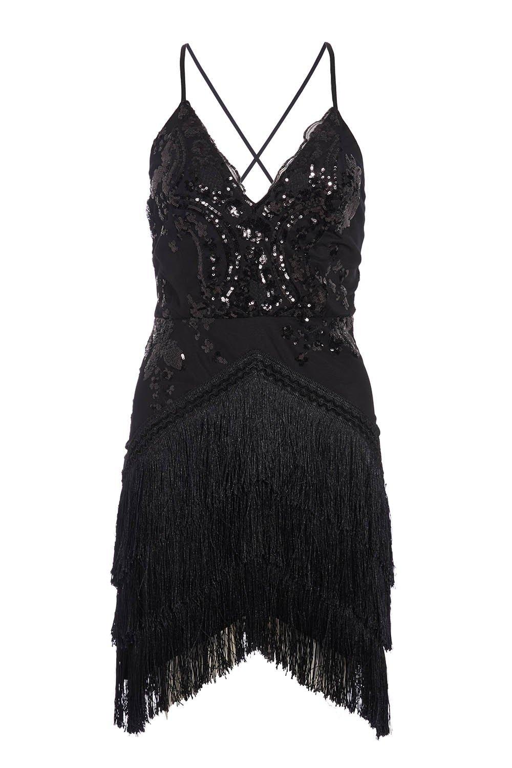 towie black sequin fringe bodycon dress