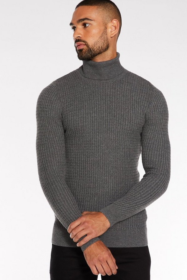 Grey Cable Knit Roll Neck Jumper