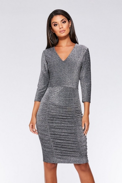 Silver 3/4 Sleeved Ruched Midi Dress