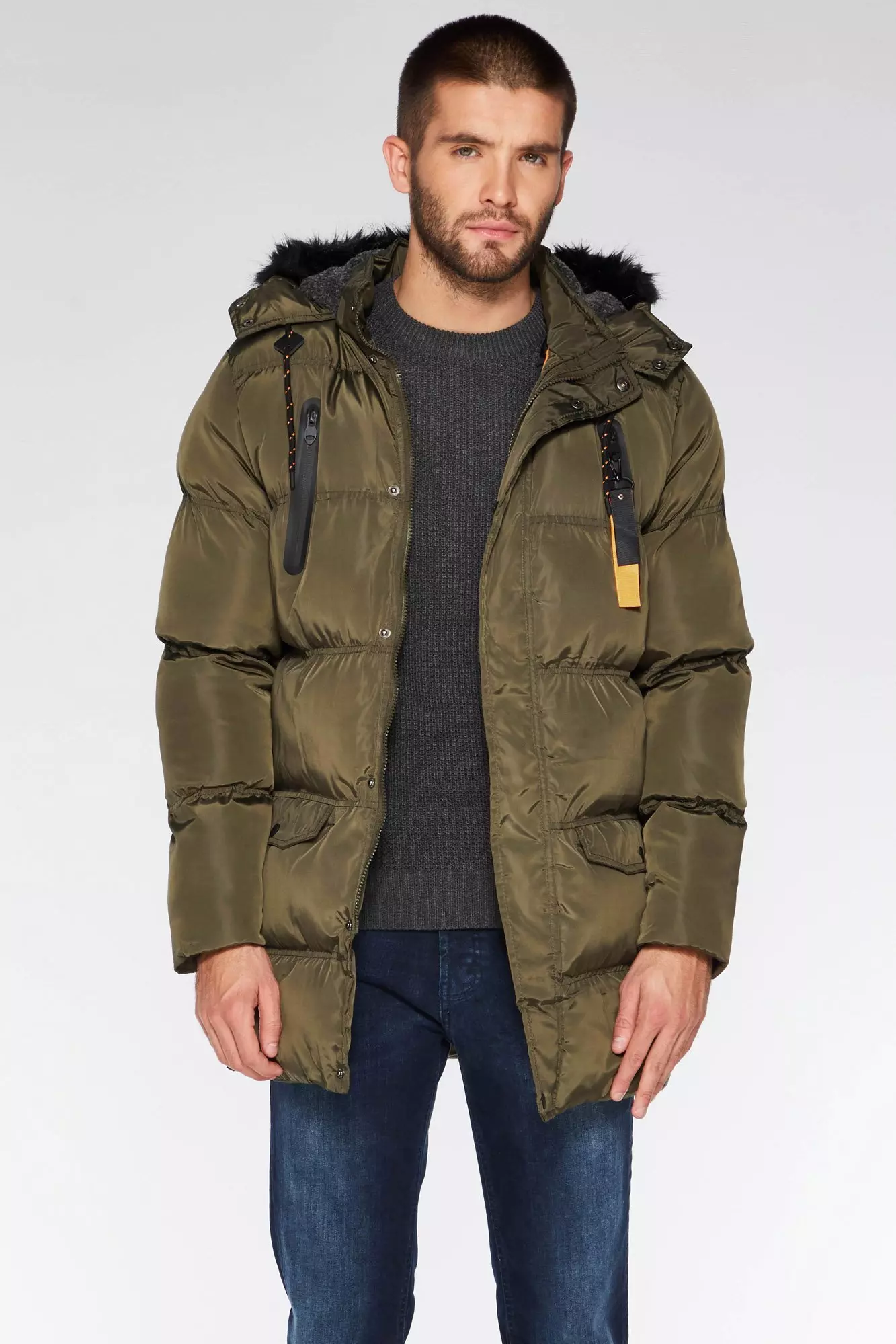 khaki hooded puffer jacket