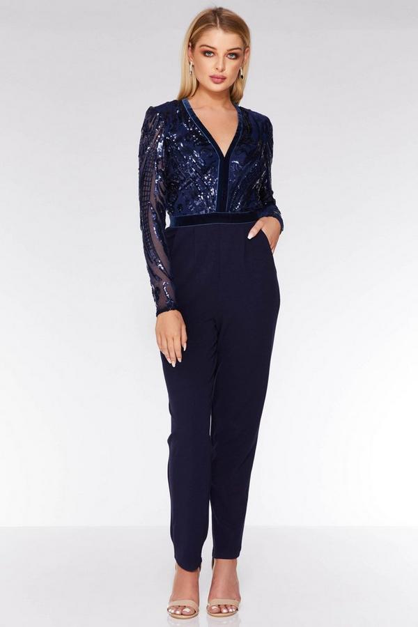 Navy Sequin Long Sleeve Jumpsuit Quiz Clothing
