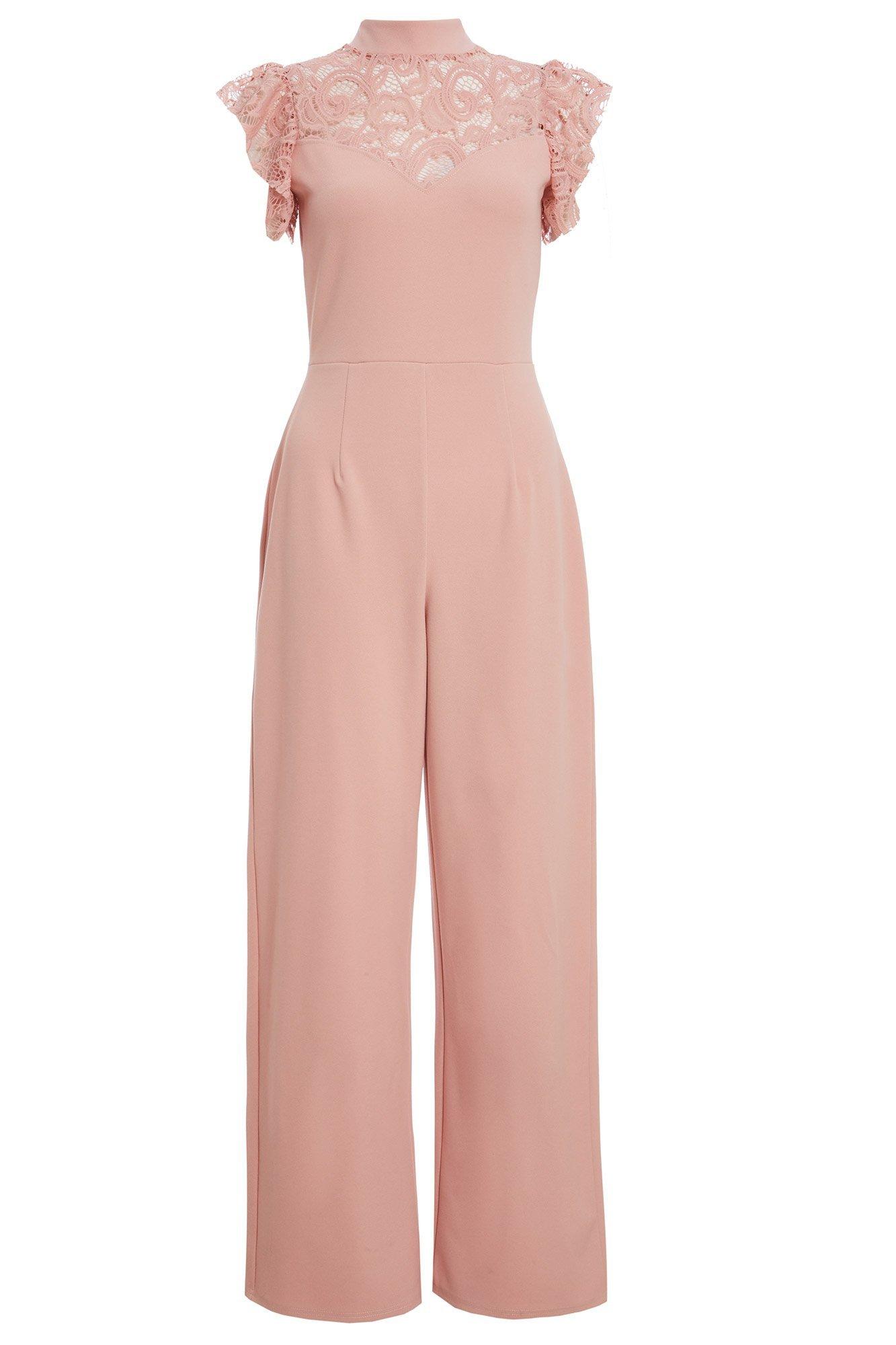 Dusky Pink Lace Frill High Neck Palazzo Jumpsuit - Quiz Clothing
