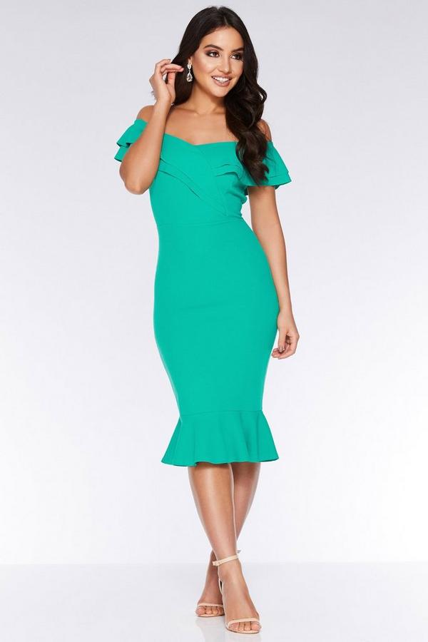 Green Bardot Frill Midi Dress Quiz Clothing