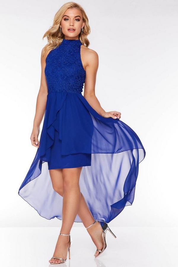 Royal Blue Glitter Lace High Neck Dip Hem Dress - Quiz Clothing