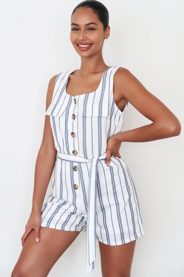 White And Navy Linen Stripe Playsuit