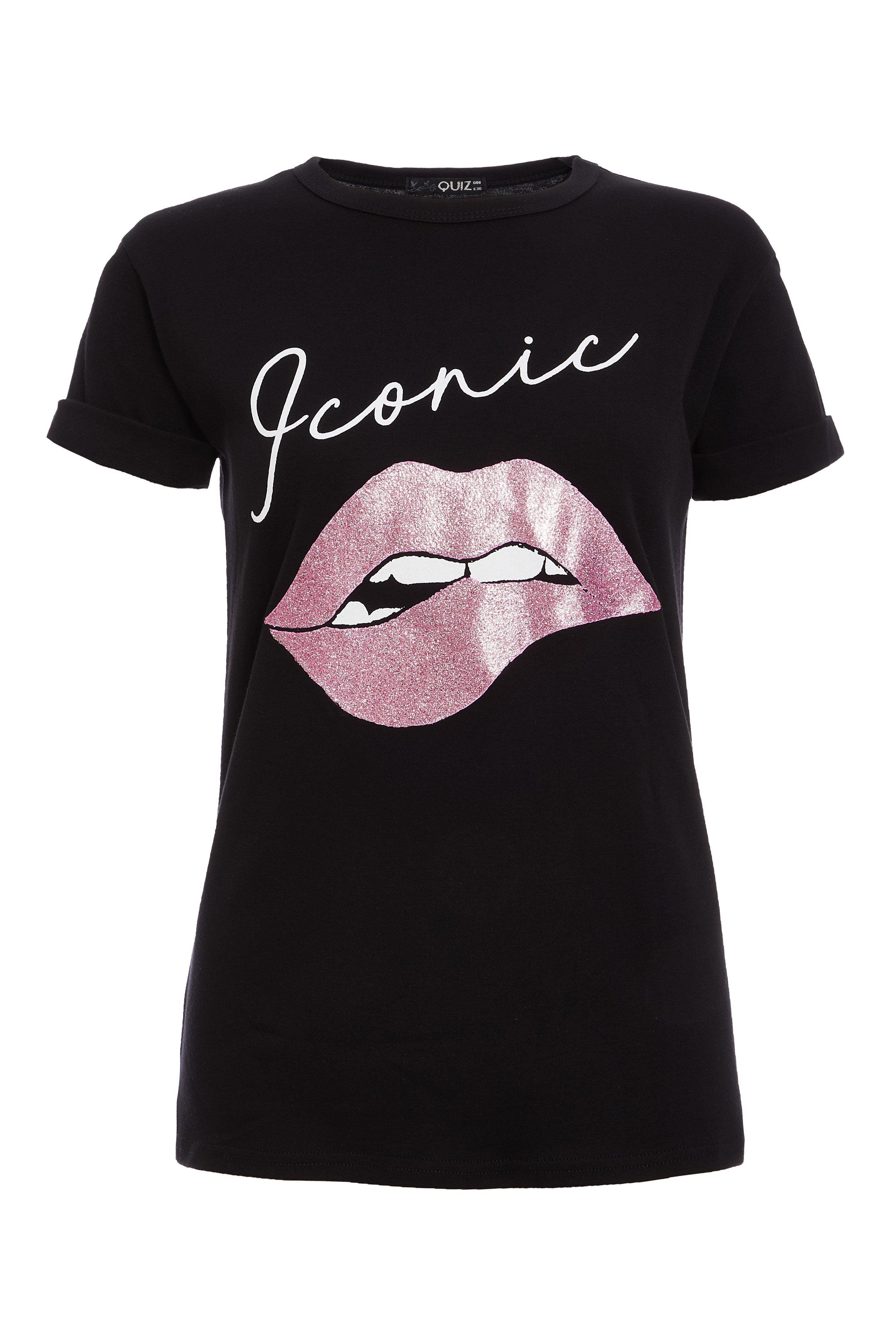 Black and Pink Iconic Lips T-Shirt - Quiz Clothing