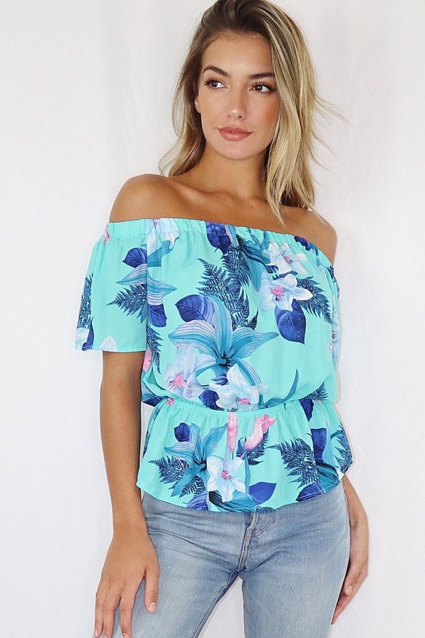 Aqua Floral Bardot Top - Quiz Clothing