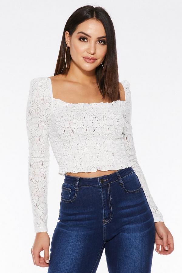 White Crochet Long Sleeve Crop Top - Quiz Clothing