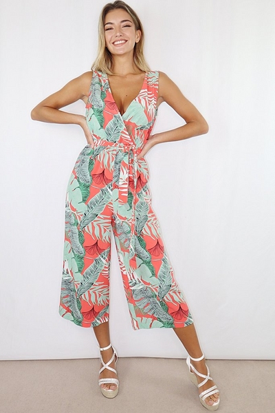 Green And Coral Tropical Wrap Culotte Jumpsuit