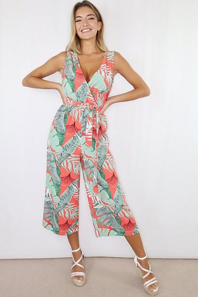 Green And Coral Tropical Wrap Culotte Jumpsuit
