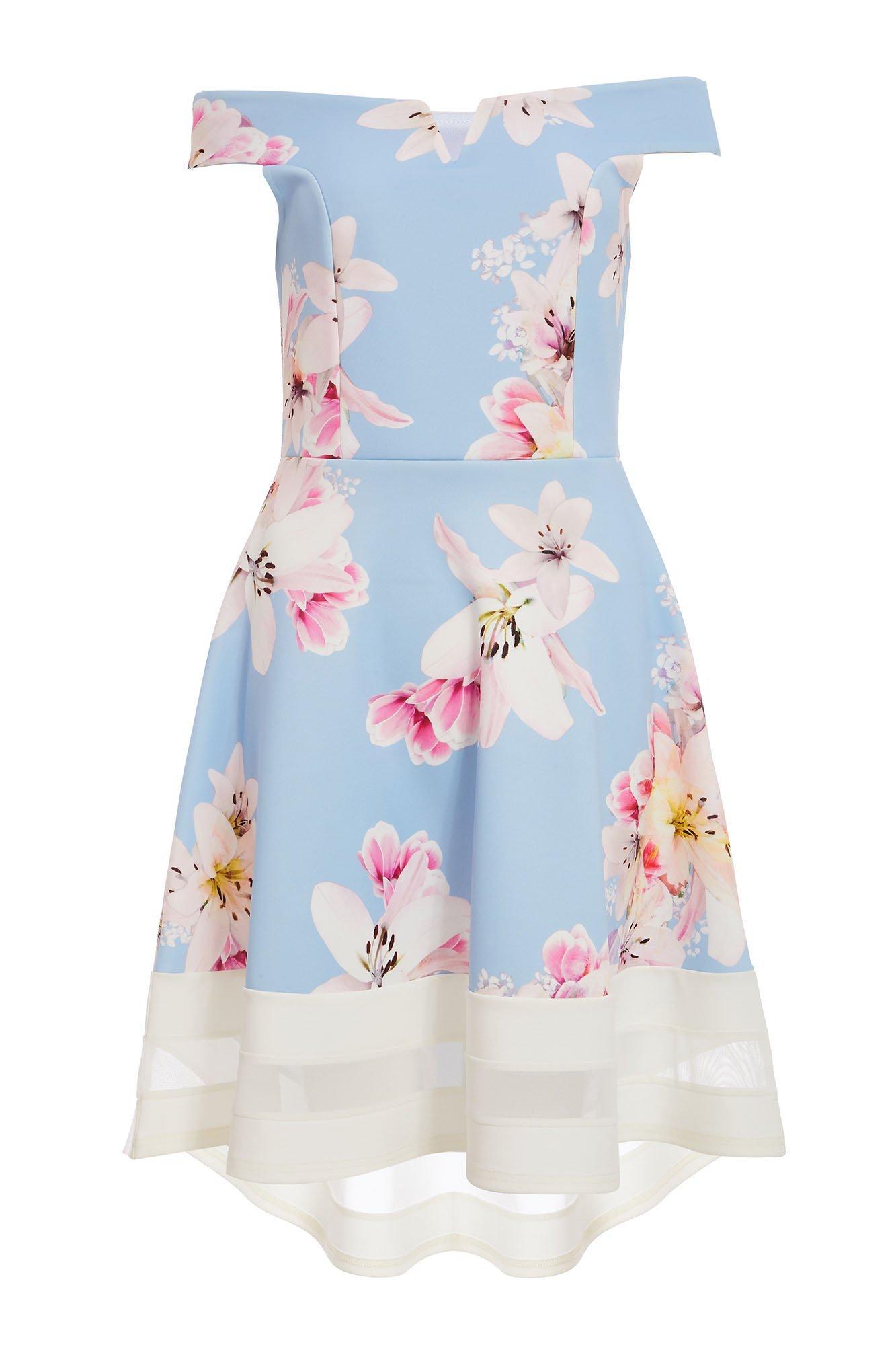Pale Blue Floral Dip Hem Bardot Dress - Quiz Clothing