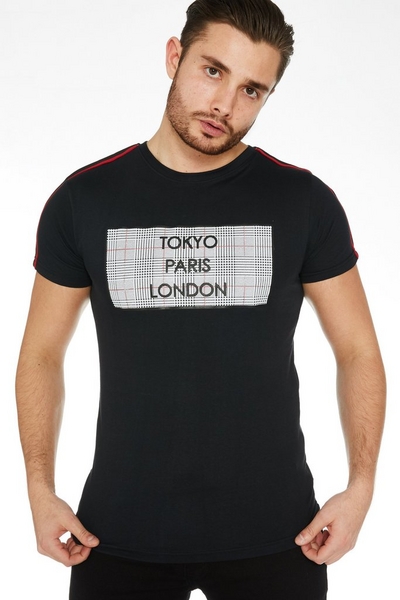 City Slogan T-Shirt in Black with Taped Sleeves