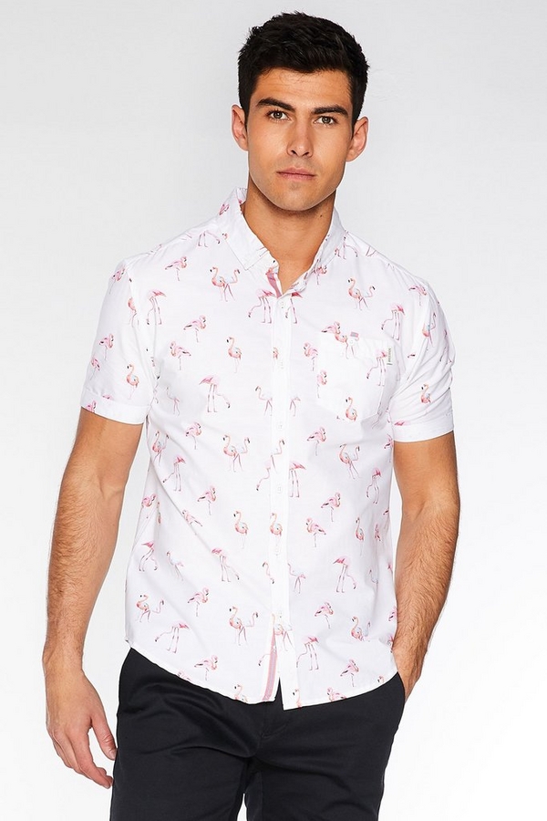 White Slim Fit Flamingo Print Shirt