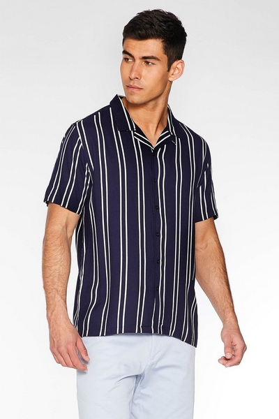 Navy Striped Revere Collar Shirt